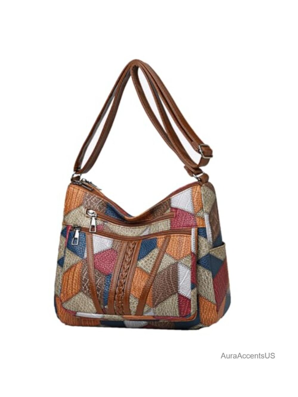 Geometric Patchwork Faux Leather Crossbody Bag Adjustable Strap